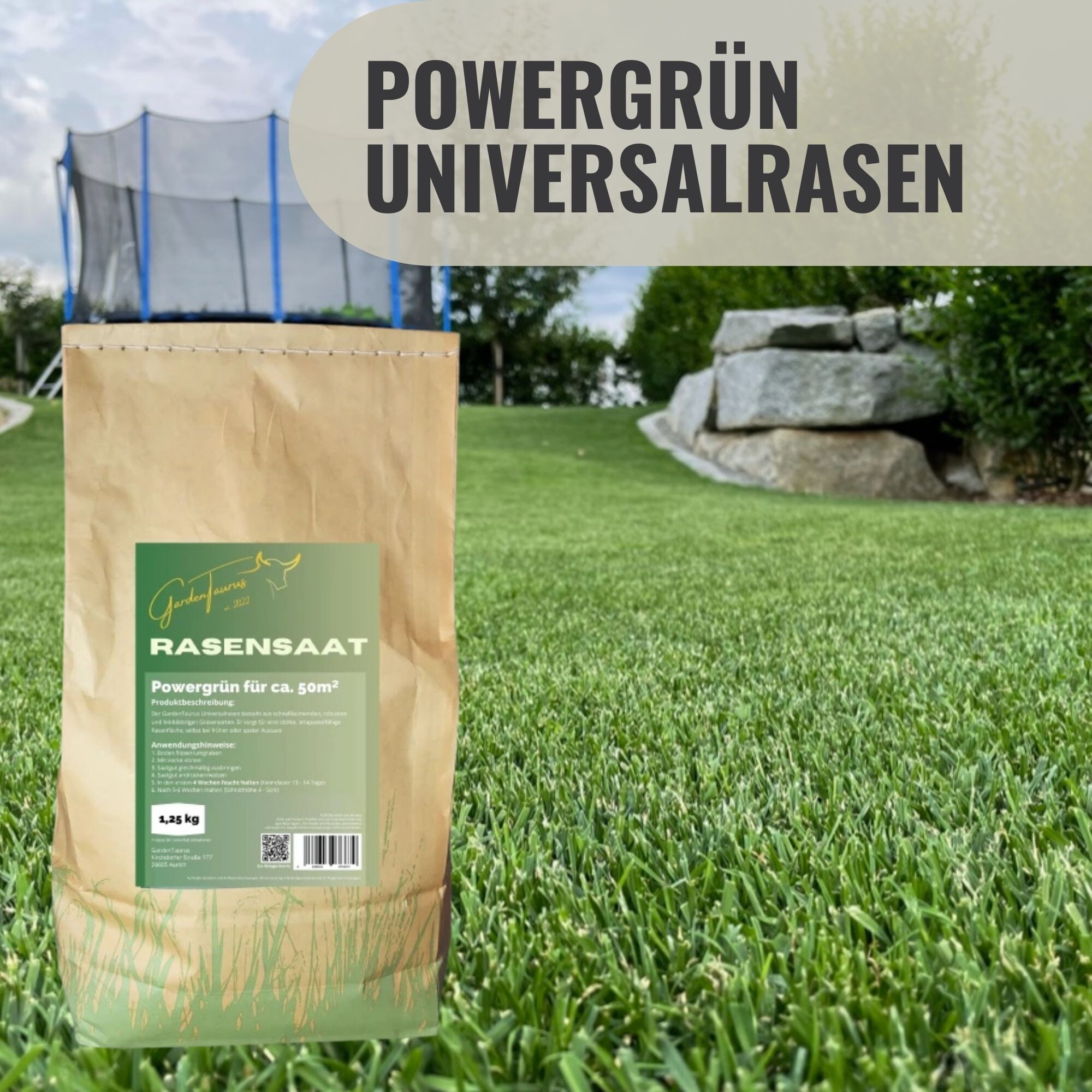 Rasensaat in Verpackung. Im Hintergrund ist ein Garten mit perfektem rasen zu sehen. Powergrün schnelle und zuverlässige Keimung